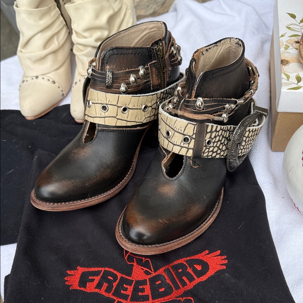 Freebird Distressed Black and Cream Ankle Boots